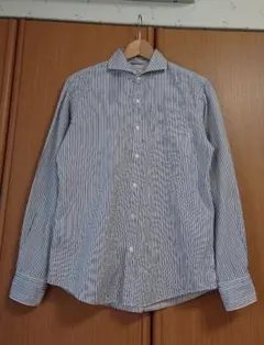 ☆SHIPS☆ 美シルエット長袖ストライプ柄ワイドカラーシャツ M 日本製