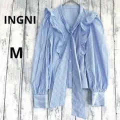 【INGNI】イング　ボウタイリボンフリル付きストライプ長袖ブラウスシャツM水色