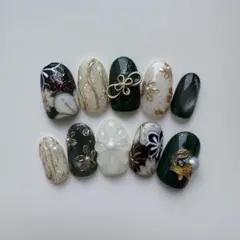 ネイルチップ　成人式　振袖　袴　和装　和風　結婚式　グリーン　ぷっくりフラワー