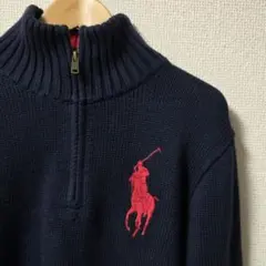 ポロラルフローレンハーフジップ ニット ビッグロゴ 刺繍 ネイビー XL