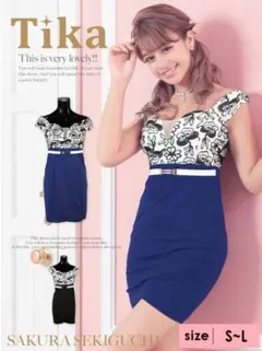 Tika オフショルフラワー刺繍レースバイカラーミニドレス(ホワイト×ブルー)M