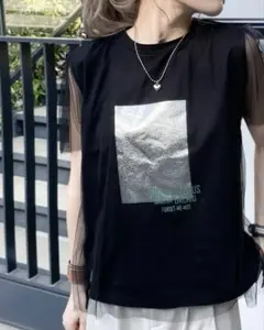 mily bilet チュール重ね着レイヤード風シルバー箔プリントTシャツ XLのサムネイル