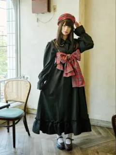 【クティールとレトロ】チェックリボンビスチェセットフリル襟ワンピース ブラック