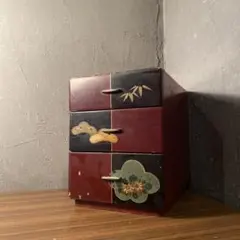 쇼와 레트로 漆塗三段小引出し 松竹梅 小物入れ 時代物 骨董品 和家具