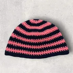 クロシェビーニーピンク ネイビーボーダービーニー韓国ストリートハンドメイドy2k