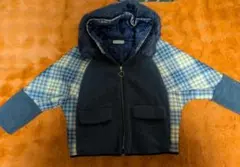 【美品】ネイビー系　チェック柄　フード付きフェイクファーコート　ジャケット