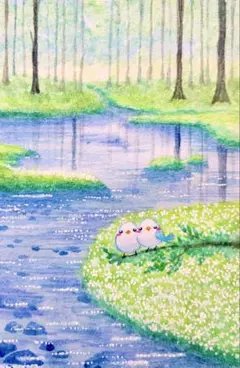 原画 水彩画 森の水辺でお話しする小鳥さん 値段は※900円です - メルカリ