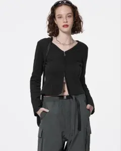 GU リブダブルジップVネックカーディガン