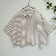 【訳あり/XL】GU 麻ブレンド ストライプシャツ 半袖 ショート丈
