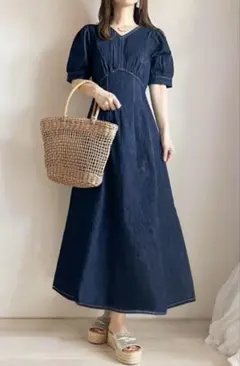 Vネックタックデニムフレアワンピース[on160]