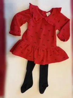 【wonder nation】リボン柄赤ワンピース、黒タイツ付き 6-9M