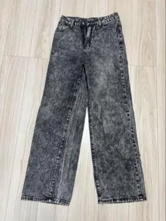 ダメージ加工グレー ワイドレッグデニムパンツ