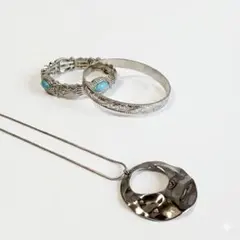 ​【新品未使用】3点セット◆ターコイズ バングル ネックレス 彫金 エスニック