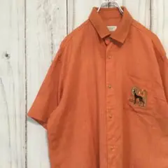 【adabat リブ襟 刺繍デザイン 半袖シャツ】XL 日本製 オレンジ 古着
