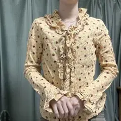 古着｜ドット柄　y2k　水玉　黄色　フリル　綿100％　日本製　昭和レトロ　渋谷