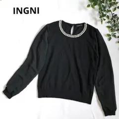 【美品】INGNI ビジュー付 異素材 ブラック M シフォン袖 パール 長袖