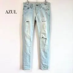 アズール スキニー デニム 【25】 ライトブルー ダメージ加工 ローライト