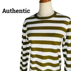 Authentin オーセンティック ロングTシャツ ボーダ柄 白/カーキ【S】のサムネイル