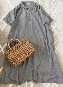 Samansa Mos2 ギンガム チェック シャツ ワンピース 綿 麻