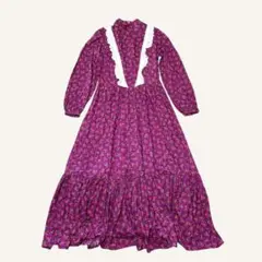 ビンテージフレアロングワンピースレース花柄総柄70sレトロUSA海外古着L