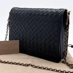 美品 ボッテガヴェネタ ショルダーバッグ イントレチャート 黒 レザー 1087