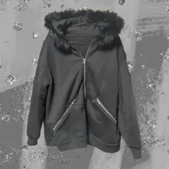 黒 ファー付き フード ジップパーカー