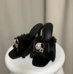 ⭐︎美品⭐︎ DulcisRegaloファー/ビジュー/ミュール/パンプス/Ｌ 黒