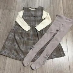 プティマイン　ブラウン系チェックワンピース&セーター&タイツセット　110