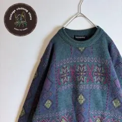 【ニット アーガイル柄 ダークカラー ヴィンテージ感 総柄 古着 緑 紺】