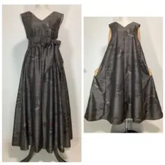 着物リメイク　大島紬　深Vネックロングフレアワンピース着丈123㎝