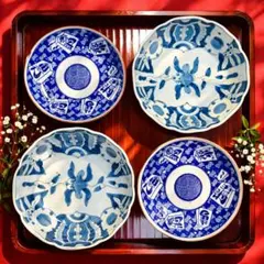 a258４枚セット 印判皿 染付皿 伊万里焼 アンティーク コーディネート 器