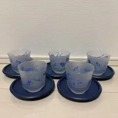 【昭和レトロ】カメイガラス 冷茶グラス 5客セット ブルーチューリップ 茶托付