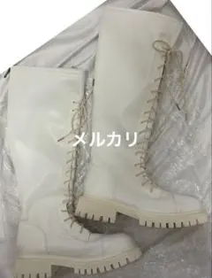 ロングブーツ 編み上げ 白 厚底