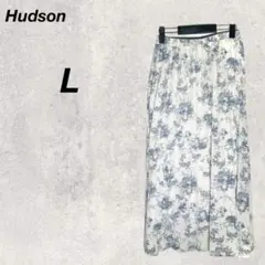 ハドソン　フレア　スカート　ロング　総柄　花柄　白　紺　L ウエストゴム
