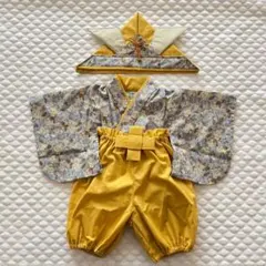 ハンドメイド☆ベビー袴☆ボタニカルベリーフラワー☆ミント地×マスタード☆兜付き