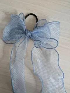 水色 チェック柄 シフォンリボンヘアゴム