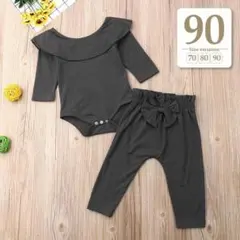 90｜ブラック〔フリル襟長袖ロンパースセットアップ〕子供女の子ベビーパジャマ薄手