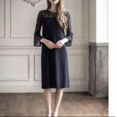 結婚式パーティードレス ネイビーレースSサイズ〜M七分袖 袖ありフレアスリーブ