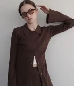 ブラウン長袖リブ編みカーディガン