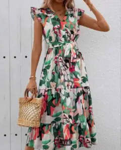 フラワープリント ティアードドレス