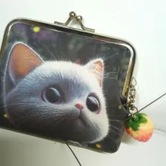 ハンドメイド　がま口ポーチ　パネル柄生地猫ちゃん