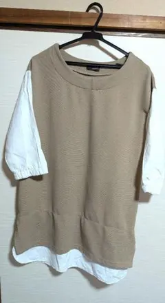 重ね着風チュニック　ベージュ 七分袖　 Lサイズ訳あり