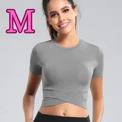ヨガウェア M グレー クロス トップス ヨガ へそ出し セクシー 23-26