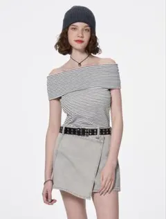 GU ボーダーオフショルダーT