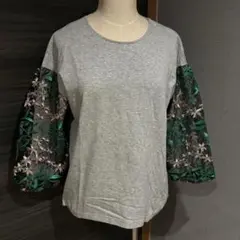 【新品未使用】グレー ブラックオーガンジー 刺繍 Tシャツ チュニック Mサイズ