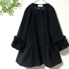SNIDEL スナイデル ノーカラーコート ファー付き 黒 Aライン ペプラム風
