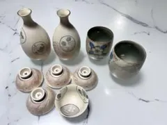 酒器と湯呑み手描き花模様 食器セット 9個