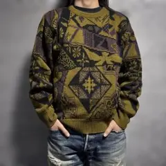 菅田将暉　デザインニット　ヴィンテージ　レトロ　アート カーキ　パープル　L