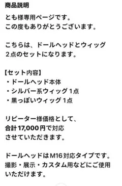 【とも様専用】ドールヘッド＋ウィッグ2点セット シルバー系・黒系 M16