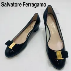 未使用級 サルヴァトーレフェラガモ　ヴァラリボンパンプス　エナメル　7　黒